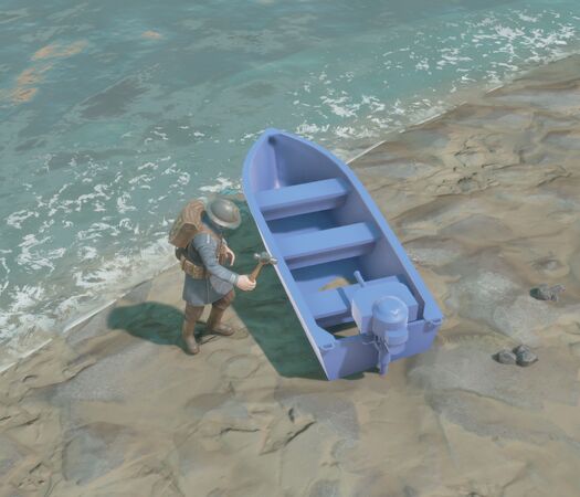 A Warden soldier building a Motorboat on a Beach
