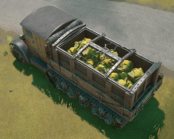 A BMS - Packmule Flatbed loaded with a Resource Container full of Sulfur