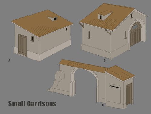 Colored concept art of the small garrisons.