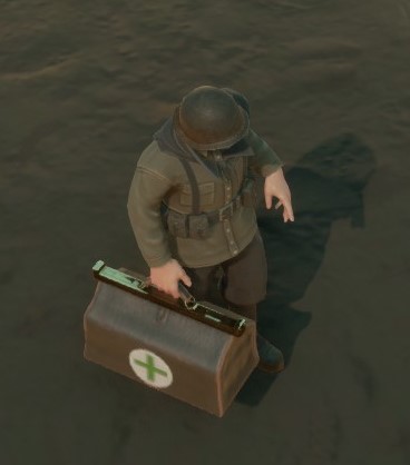 Un soldat colonial tenant un Kit de Réanimation.