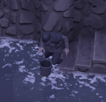 A Colonial soldier filling up a Water Bucket from a water source