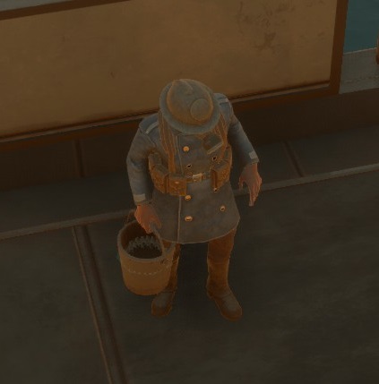 A Warden soldier holding a filled Water Bucket