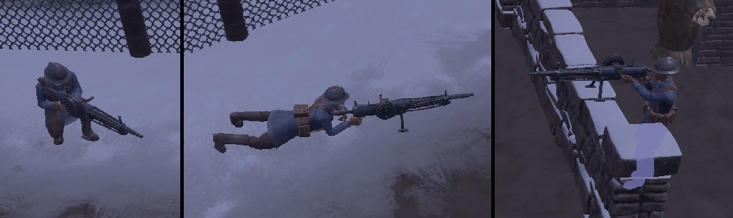 A Machine Gun being fired while crouched, prone, and behind a short wall.