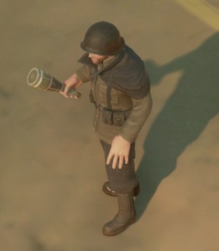 Une soldat colonial tenant une grenade Mammon.