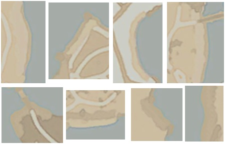 The various looks of beaches on the Map, colors depend on beach texture types (sand, gravel).