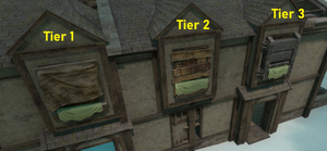 Уровень дома, представленный типом укрепления (ткань, дерево, доски, железный ящик) на окнах ИИ.