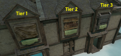 House tier represented by reinforcement type (cloth, wood, planks, iron case) on the AI windows.