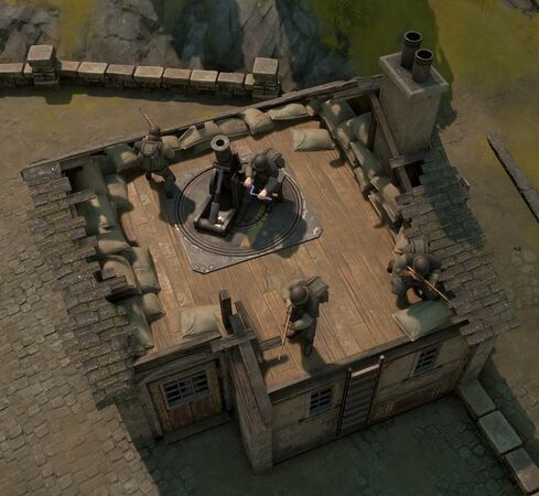 An Emplacement House with a Colonial soldier manning the Mortar