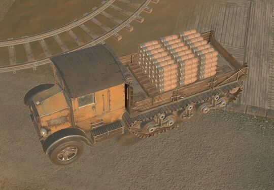A Flatbed Truck loaded with a Material Pallet full of 120mm shells