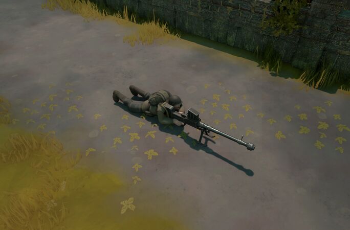 A Colonial Soldier laying down with the 20 Neville Anti-Tank Rifle deployed