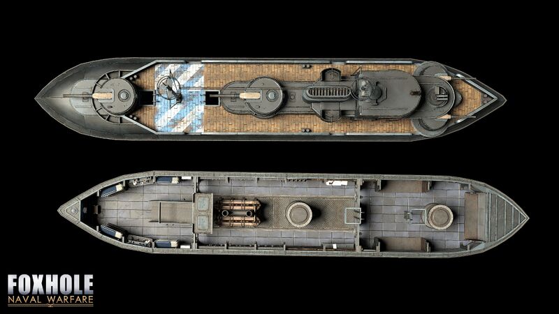 Render Models of the Blacksteele-Class Light Frigate from a top down view, above and below deck.