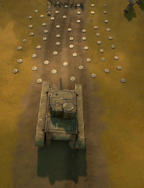 Battle Tank in front of a minefield; notice how all mines are visible, which implies they are friendly mines. They will detonate regardless when driving over them.