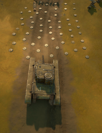 A Lance-36 in front of a minefield; notice how all mines are visible, which implies they are friendly mines (they will detonate regardless of who driving over them)