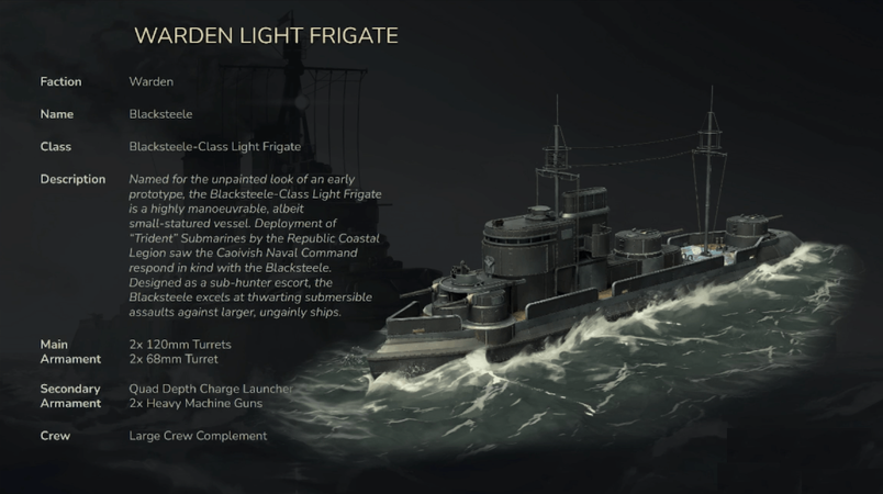 The Blacksteele-Class Light Frigate shown in the Update 1.56 Dev Stream