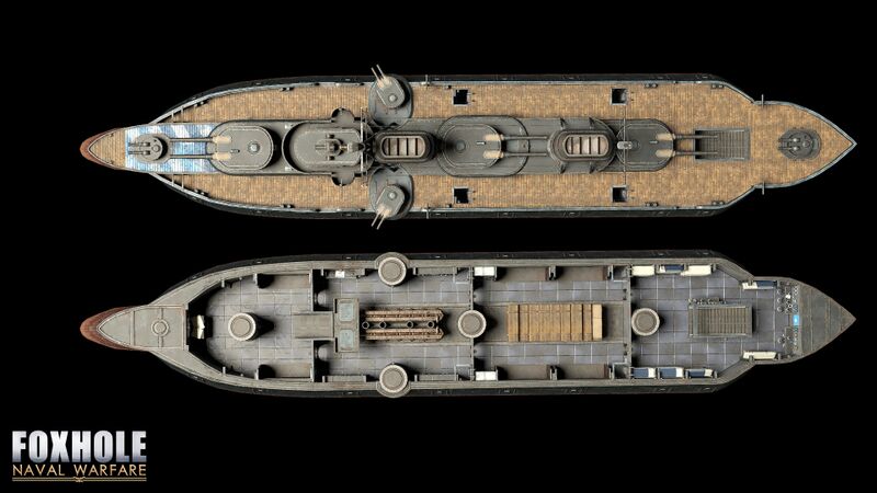 Render Models of the Callahan-Class Battleship from a top down view, above and below deck.