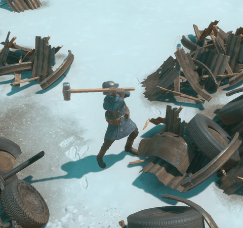 A Warden soldier mining a Salvage node with a Sledge Hammer