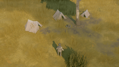 A campsite and encampment at the Great March, location of the Old Tent readable lore.
