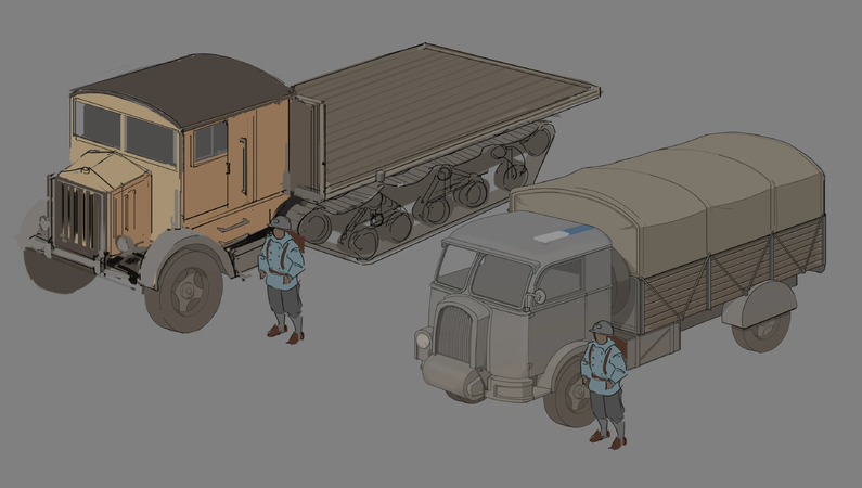 Concept art comparing the BMS Packmule flatbed to the Dunne Transport
