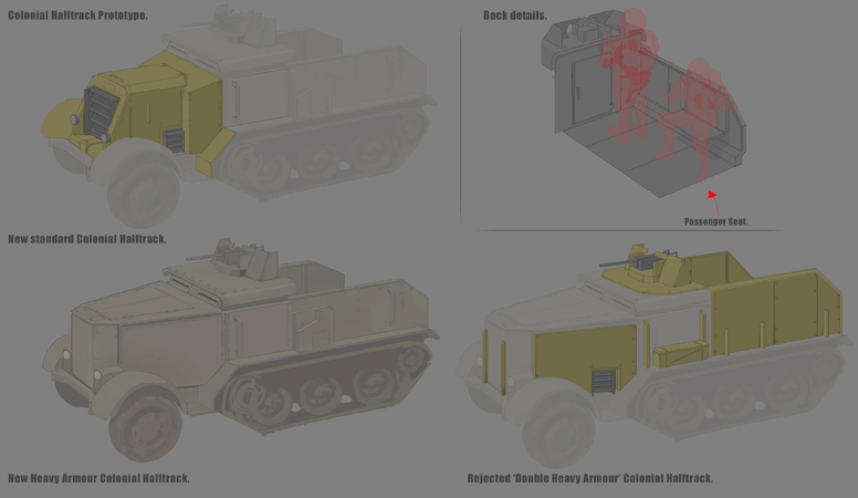 Concept art of various Colonial halftrack variants
