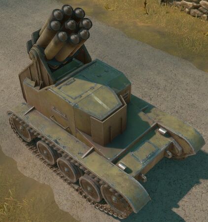 A T13 "Deioneus" Tankette with all rocket tubes loaded