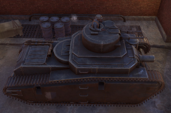 The Silverhand Chieftain - Mk. VI in a Garage with a player popping out of the tank's hatch