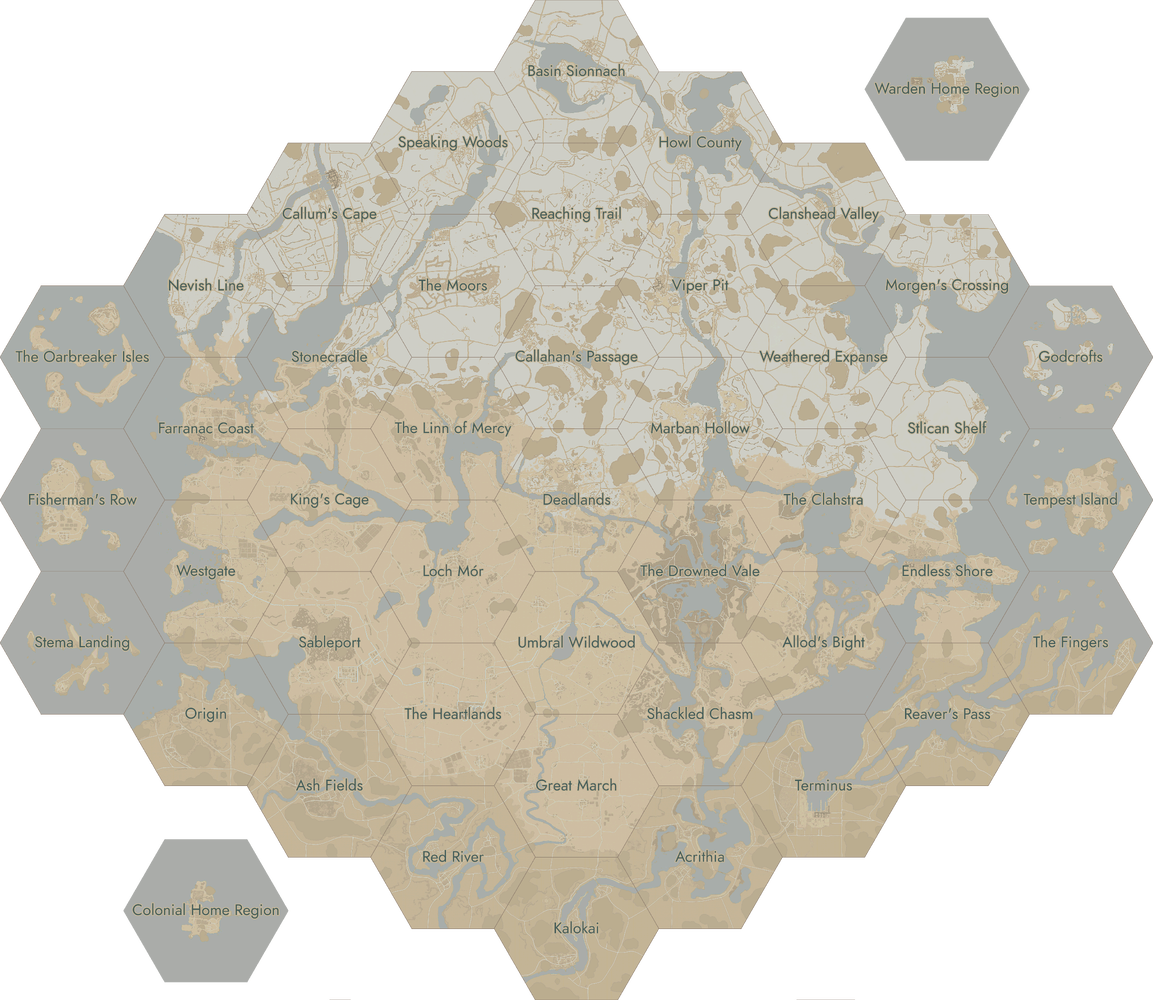 The World Map of Foxhole. Click on a region to open the corresponding page.