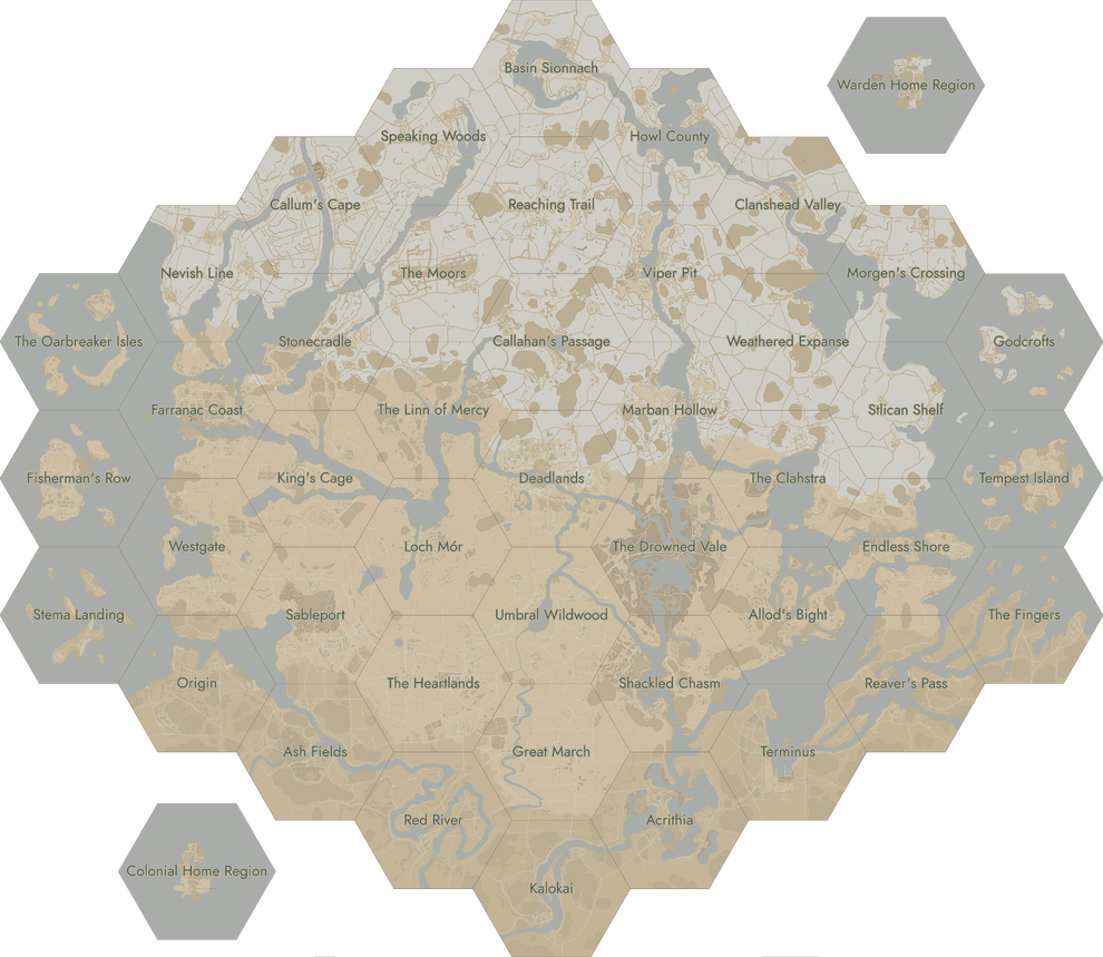 The World Map of Foxhole. Click on a region to open the corresponding page.