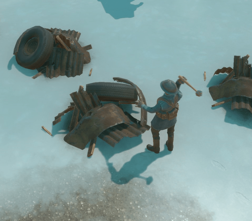 A Warden soldier mining a Salvage node with a hammer