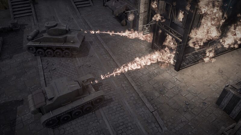 A T14 “Vesta” Tankette and a H-19 “Vulcan” lighting a Garrisoned House on fire