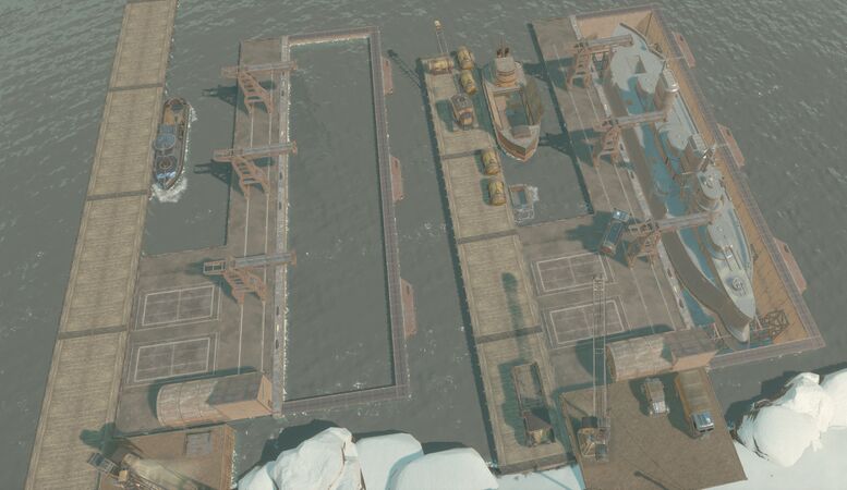 Two Dry Docks built adjacent to Navy Piers, with one empty and one producing a Callahan class Battleship