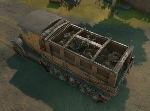 A BMS - Packmule Flatbed loaded with a Resource Container full of Salvage