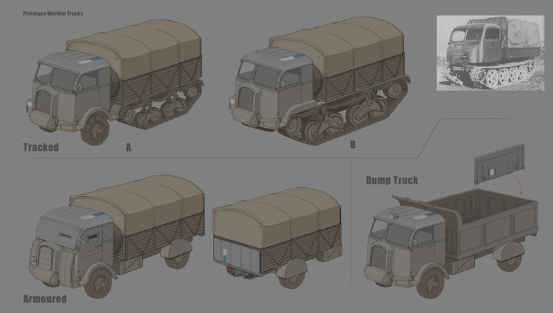 Concept art of the various Warden truck variants