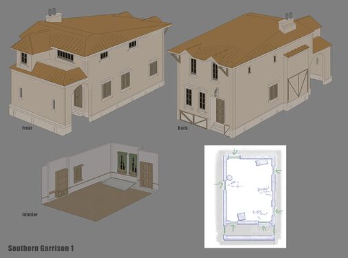 Colored concept art and a groundplan of a garrison house.