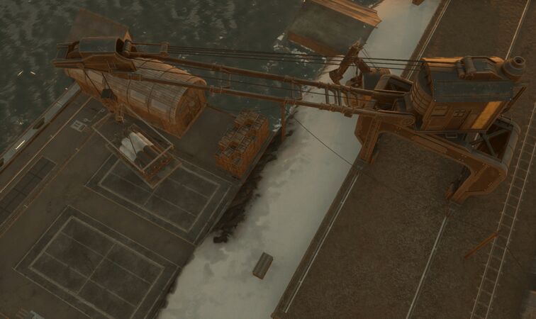 A BMS - Overseer Sky-Hauler crane delivering a pallet of Moray Torpedoes to a Dry Dock