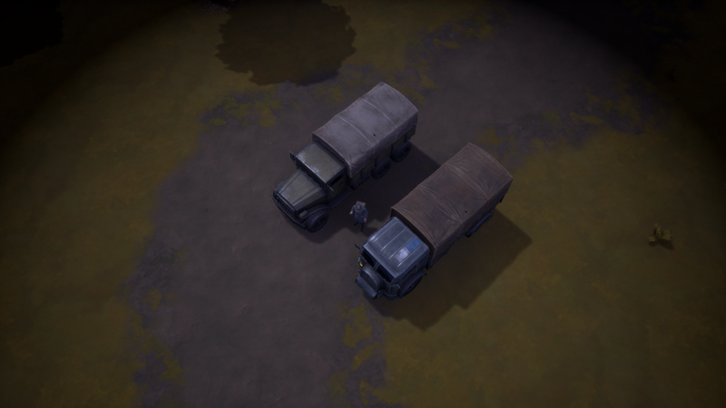 A colonial truck and warden truck in-game parked side-by-side.