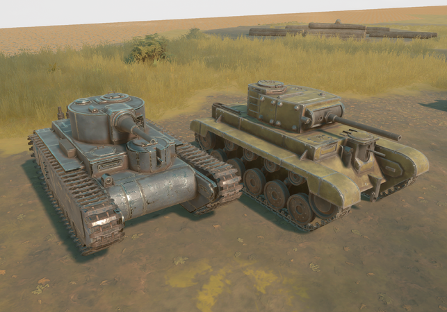 A Flood Mk. I (Warden Battle Tank) and a Lance-36 (Colonial Battle Tank) side by side