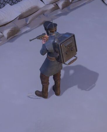 A Warden soldier equipped with a Radio Backpack