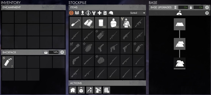 Interface of all Bases: Inventory, Stockpile, and Base Upgrades