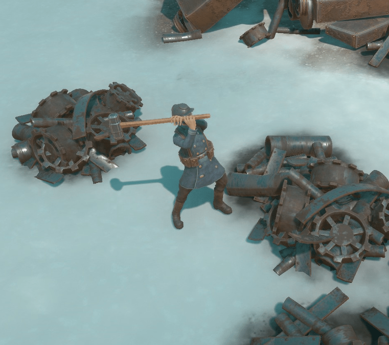 A Warden soldier hitting a Components node with a Sledge Hammer.