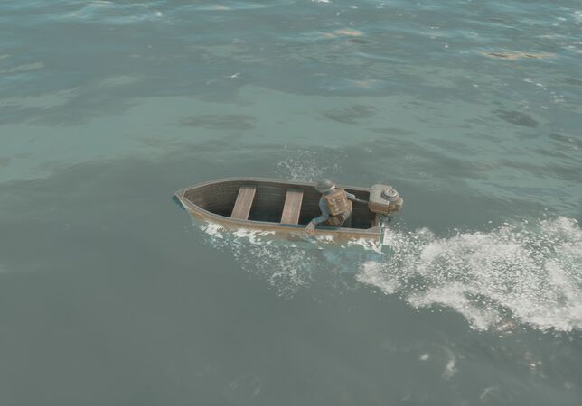 A Warden soldier driving a Motorboat alone.