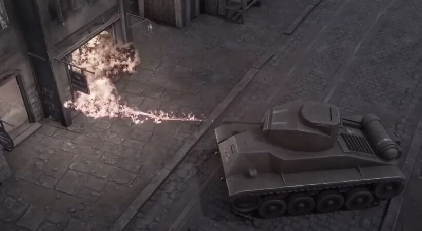 A H-19 “Vulcan” lighting a building on fire in one of the Official Foxhole Trailers